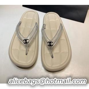 Best Product Chanel Leather Flat Thong Sandals with Front CC Beige 072154