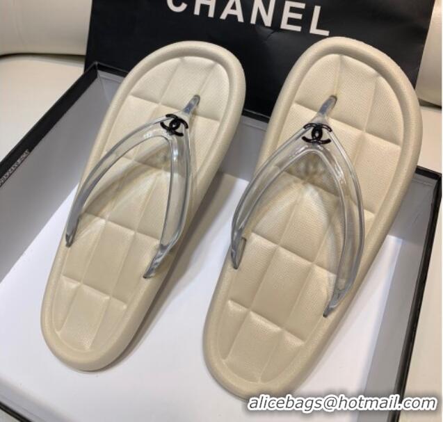 Best Product Chanel Leather Flat Thong Sandals with Front CC Beige 072154