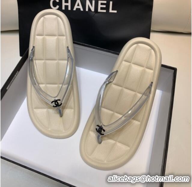 Best Product Chanel Leather Flat Thong Sandals with Front CC Beige 072154