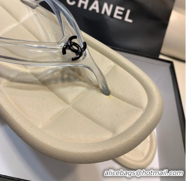 Best Product Chanel Leather Flat Thong Sandals with Front CC Beige 072154