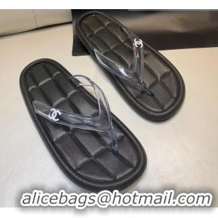 Best Grade Chanel Leather Flat Thong Sandals with Side CC Black 072152