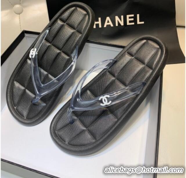 Best Grade Chanel Leather Flat Thong Sandals with Side CC Black 072152