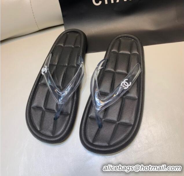 Best Grade Chanel Leather Flat Thong Sandals with Side CC Black 072152