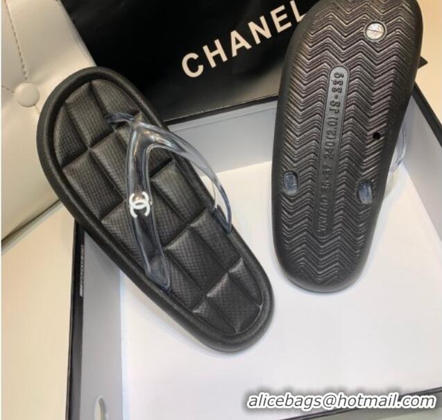 Best Grade Chanel Leather Flat Thong Sandals with Side CC Black 072152