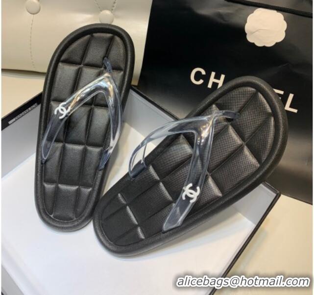 Best Grade Chanel Leather Flat Thong Sandals with Side CC Black 072152