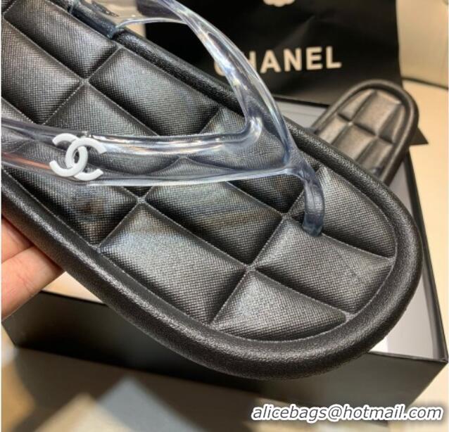 Best Grade Chanel Leather Flat Thong Sandals with Side CC Black 072152