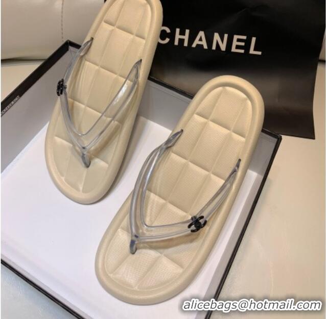 Perfect Chanel Leather Flat Thong Sandals with Side CC Beige 072153