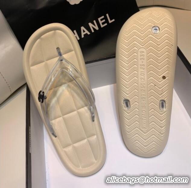 Perfect Chanel Leather Flat Thong Sandals with Side CC Beige 072153