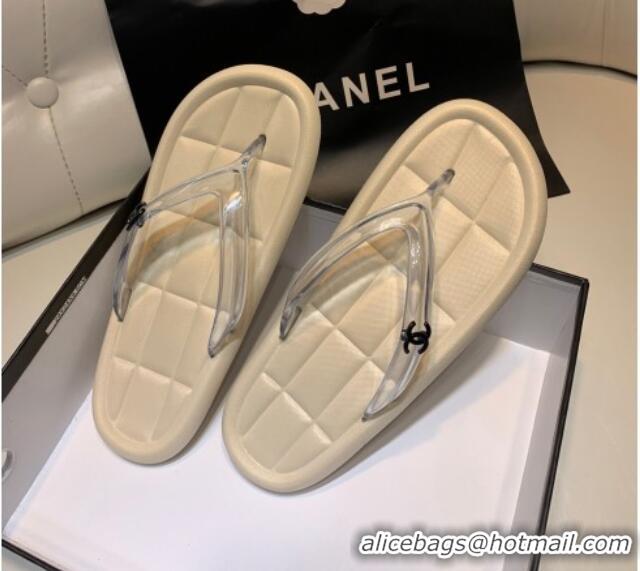 Perfect Chanel Leather Flat Thong Sandals with Side CC Beige 072153