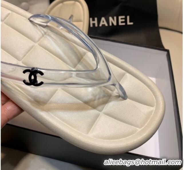 Perfect Chanel Leather Flat Thong Sandals with Side CC Beige 072153