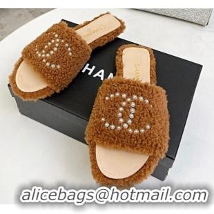 Purchase Chanel Fur Pearl CC Flat Slide Sandals Brown 072159