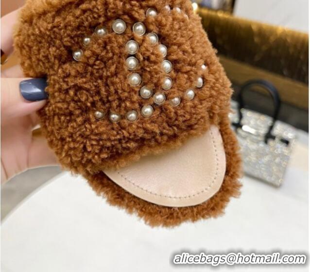 Purchase Chanel Fur Pearl CC Flat Slide Sandals Brown 072159