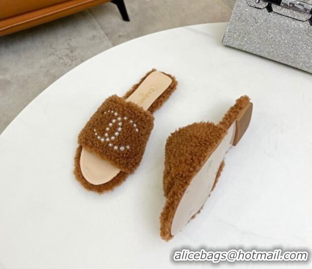 Purchase Chanel Fur Pearl CC Flat Slide Sandals Brown 072159