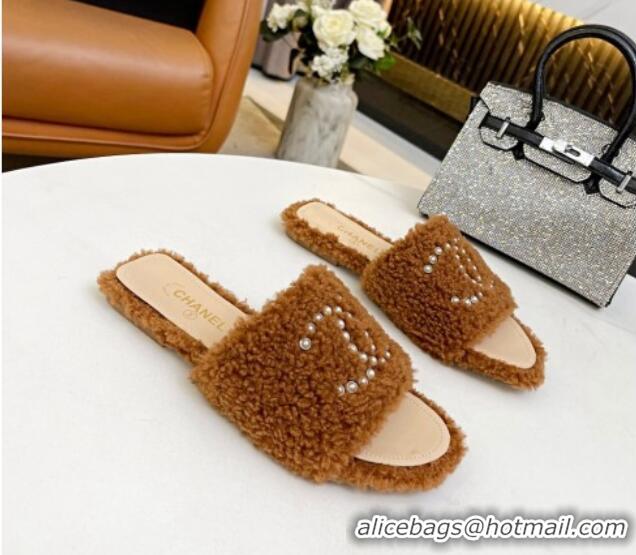 Purchase Chanel Fur Pearl CC Flat Slide Sandals Brown 072159