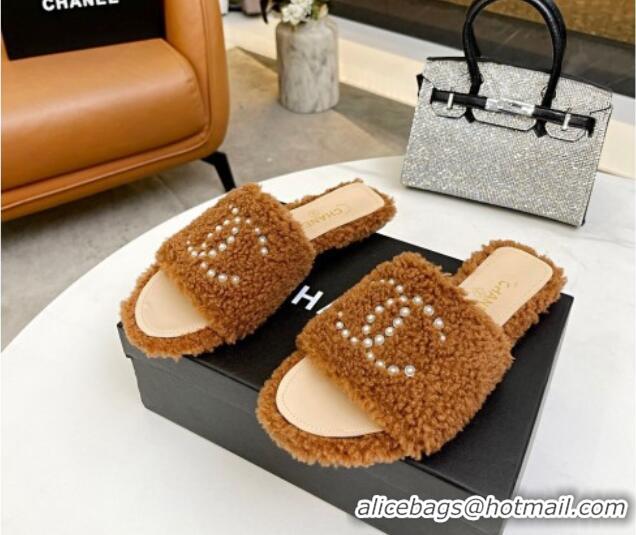 Purchase Chanel Fur Pearl CC Flat Slide Sandals Brown 072159