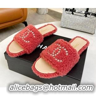 Low Cost Chanel Fur Pearl CC Flat Slide Sandals Dark Pink 072160