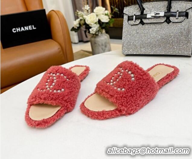 Low Cost Chanel Fur Pearl CC Flat Slide Sandals Dark Pink 072160