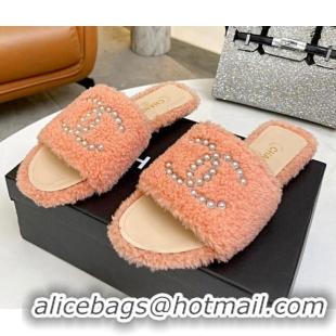 Pretty Style Chanel Fur Pearl CC Flat Slide Sandals Light Pink 072161