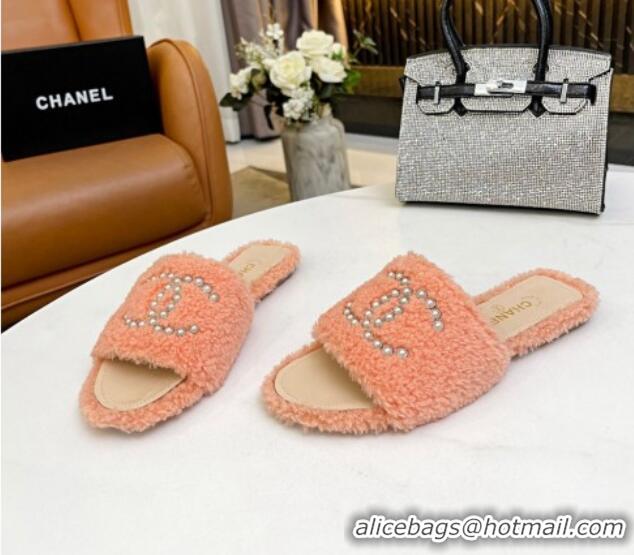 Pretty Style Chanel Fur Pearl CC Flat Slide Sandals Light Pink 072161