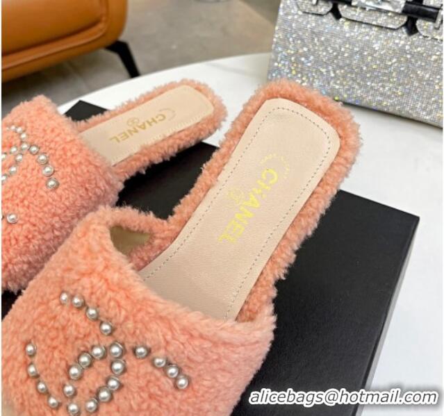 Pretty Style Chanel Fur Pearl CC Flat Slide Sandals Light Pink 072161