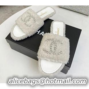 Top Grade Chanel Fur Pearl CC Flat Slide Sandals White 072162