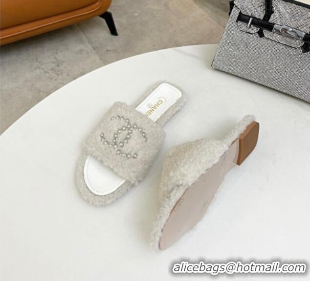 Top Grade Chanel Fur Pearl CC Flat Slide Sandals White 072162