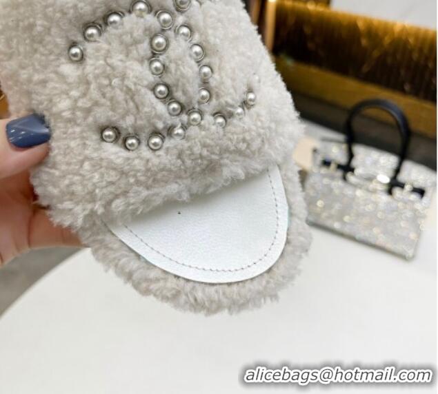 Top Grade Chanel Fur Pearl CC Flat Slide Sandals White 072162