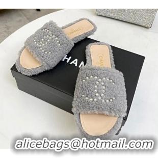 Best Price Chanel Fur Pearl CC Flat Slide Sandals Gray 072163