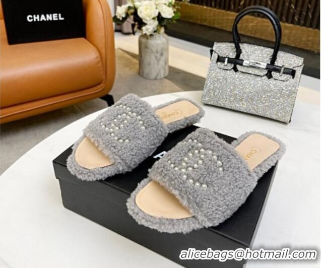 Best Price Chanel Fur Pearl CC Flat Slide Sandals Gray 072163