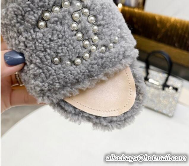 Best Price Chanel Fur Pearl CC Flat Slide Sandals Gray 072163