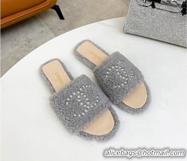 Best Price Chanel Fur Pearl CC Flat Slide Sandals Gray 072163