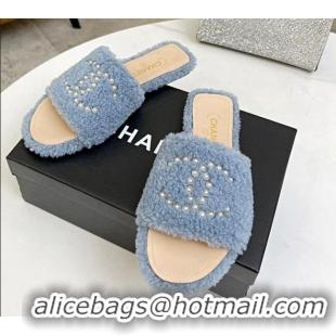 Perfect Chanel Fur Pearl CC Flat Slide Sandals Light Blue 072164