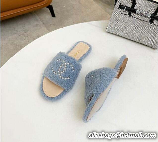 Perfect Chanel Fur Pearl CC Flat Slide Sandals Light Blue 072164