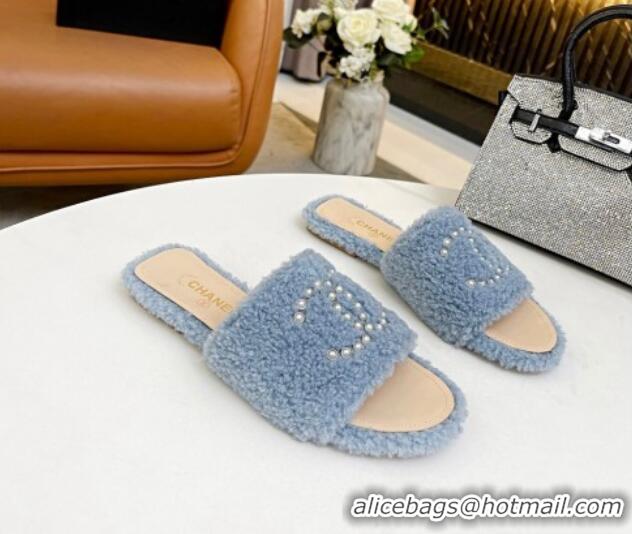 Perfect Chanel Fur Pearl CC Flat Slide Sandals Light Blue 072164