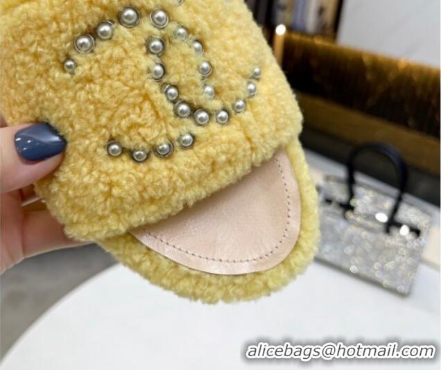 Purchase Chanel Fur Pearl CC Flat Slide Sandals Yellow 072165