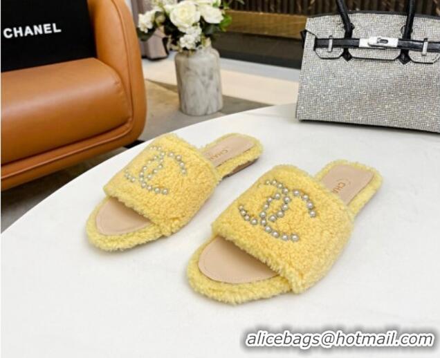 Purchase Chanel Fur Pearl CC Flat Slide Sandals Yellow 072165