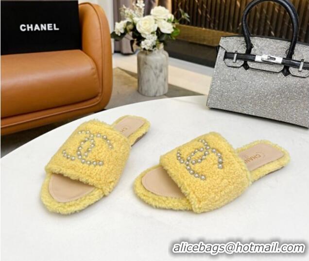 Purchase Chanel Fur Pearl CC Flat Slide Sandals Yellow 072165