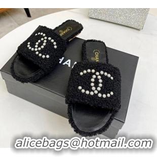 Stylish Chanel Fur Pearl CC Flat Slide Sandals Black 072166