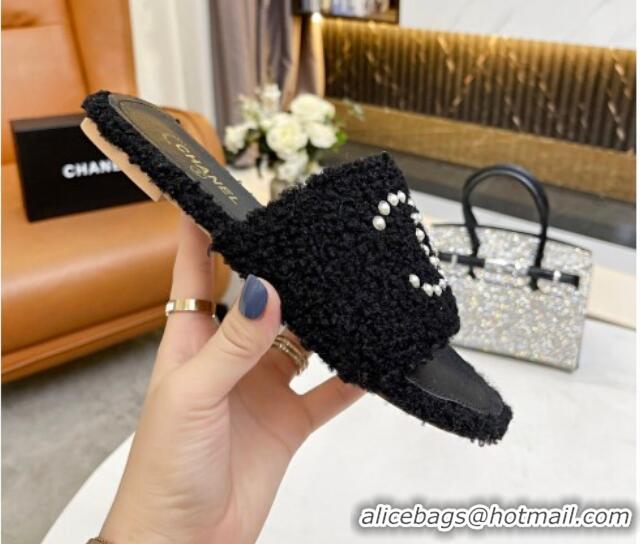 Stylish Chanel Fur Pearl CC Flat Slide Sandals Black 072166