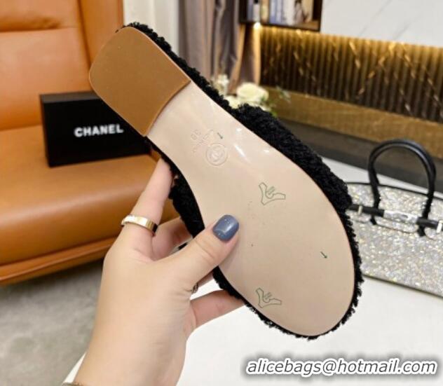 Stylish Chanel Fur Pearl CC Flat Slide Sandals Black 072166