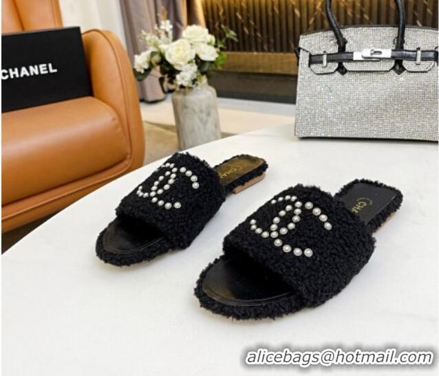 Stylish Chanel Fur Pearl CC Flat Slide Sandals Black 072166