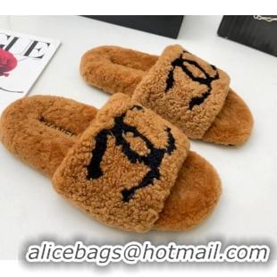 Classic Hot Chanel Shearling CC Flat Slide Sandals Brown 072167