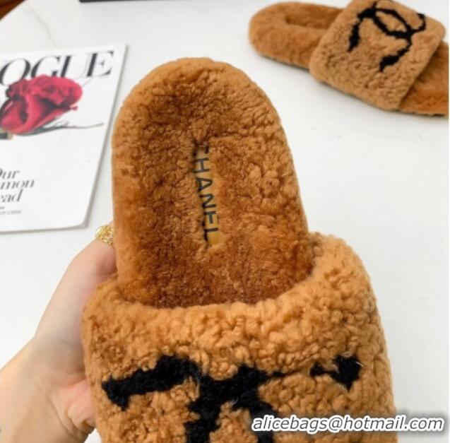 Classic Hot Chanel Shearling CC Flat Slide Sandals Brown 072167