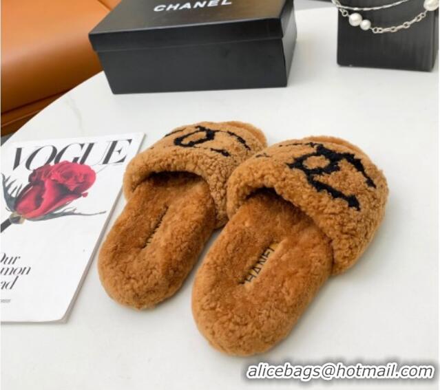 Classic Hot Chanel Shearling CC Flat Slide Sandals Brown 072167