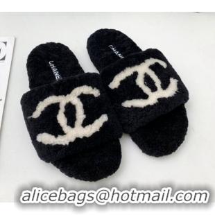 Best Grade Chanel Shearling CC Flat Slide Sandals Black 072169