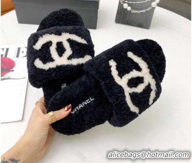 Best Grade Chanel Shearling CC Flat Slide Sandals Black 072169