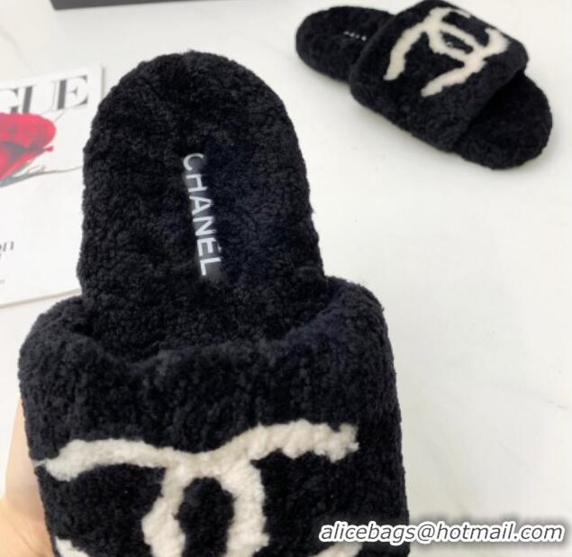 Best Grade Chanel Shearling CC Flat Slide Sandals Black 072169