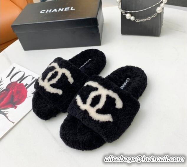 Best Grade Chanel Shearling CC Flat Slide Sandals Black 072169