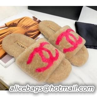 Luxury Chanel Shearling CC Flat Slide Sandals Camel 072171