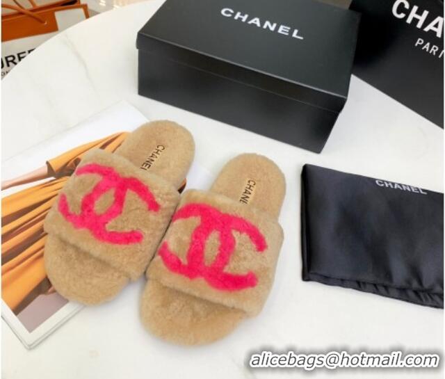 Luxury Chanel Shearling CC Flat Slide Sandals Camel 072171